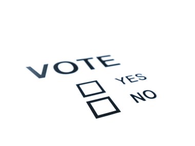 Genel bir Evet ya da Hayır oylama oy açık alan ve kısmen odak dışı beyaz bir arka plan üzerinde izole fotoğrafı kapatın.