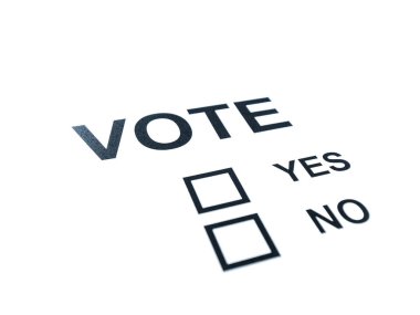 Genel bir Evet ya da Hayır oylama oy açık alan ve kısmen odak dışı beyaz bir arka plan üzerinde izole fotoğrafı kapatın.