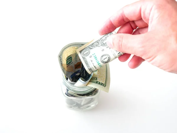 White Caucasian Male Hand Putting Dollar Bill Glass Mason Savings — Stock Photo, Image