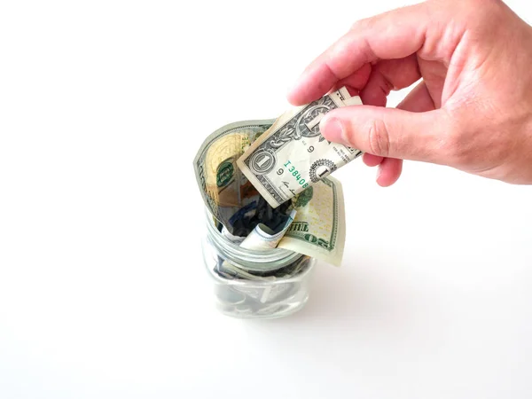 White Caucasian Male Hand Putting Dollar Bill Glass Mason Savings — Stock Photo, Image