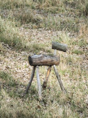 Günlükleri ve ağaç dalları yapılmış bir basit ahşap sahte geyik heykel ya da resim parça veya zanaat proje bir çim çayır sonbahar ya da Sonbahar sezonunda kırsal Wisconsin'de standları.