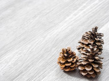 Üç kahverengi çam döşeme görüntü köşesinde konisi ve bir güzel kış veya Noel tatil arka plan yapma döşeme gri ahşap tahıl doku bir arka plan üzerinde izole.