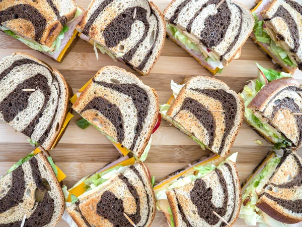 View Several Simple Appetizer Sandwiches Party Using Marbled Rye Bread — Stock Photo, Image