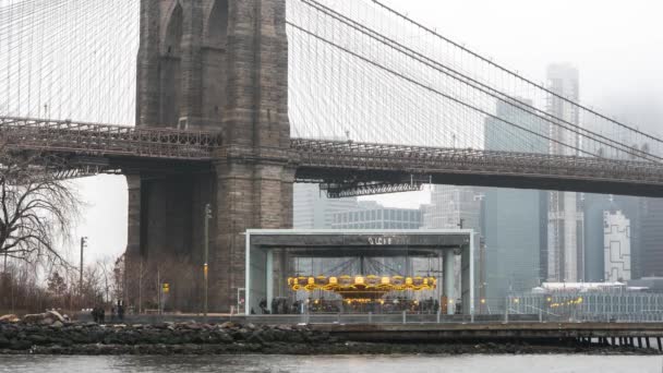 ニューヨーク市イースト リバーに向かいブルックリン橋の前でジャン ヌーヴェルのガラス パビリオンの内部に位置ダンボ ニューヨーク 2019 常連客乗って悪名高いジェーンのカルーセル — ストック動画