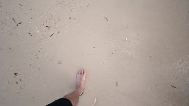 A closeup first person perspective of a young Caucasian male's legs as he walks on a sandy beach with waves occasionally washing up over his bare feet getting them wet and covering them with sand. — Stock Video