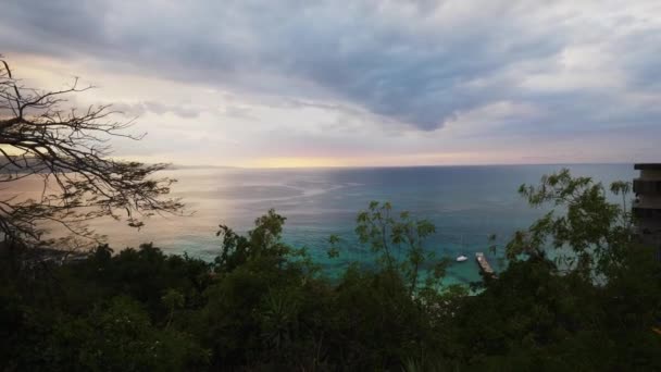 Eine handgehaltene vertikale Pfanne eines wunderschönen Sonnenuntergangs mit rosa, orangen und blauen Wolken am Himmel über dem Atlantik in der Bucht von Montego auf der Insel Jamaica in der Karibik mit Bäumen im Vordergrund — Stockvideo