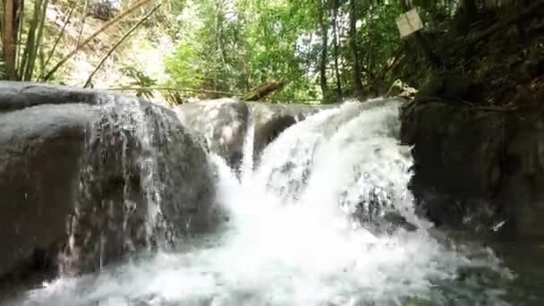 Primer plano de la cascada apodada la lavadora como rápidos de agua blanca vierten sobre las rocas de piedra caliza en el río Mayfield Falls en la isla tropical de Jamaica . — Vídeos de Stock