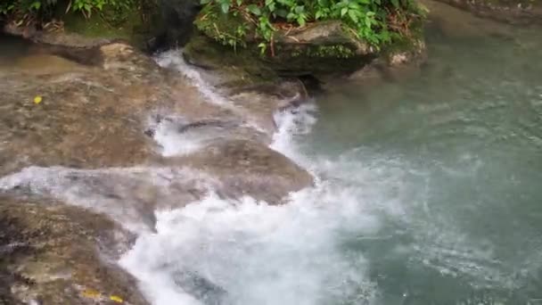 A beautiful view of water flowing over rocks at of one the waterfall rapids or cascades in the river at Mayfield Falls on the tropical island of Jamaica a popular tourist travel destination . — стоковое видео