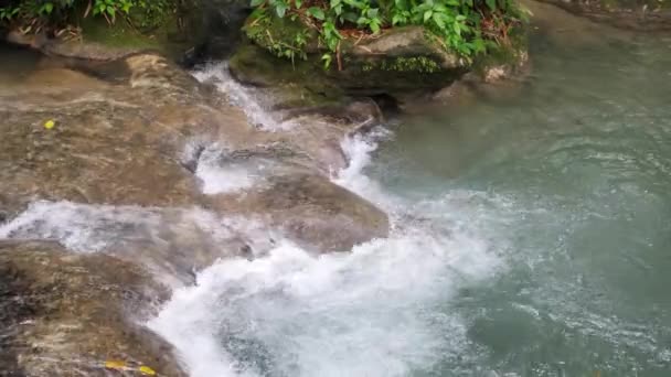 Una hermosa cámara lenta de agua que fluye sobre rocas en uno de los rápidos de cascada o cascadas en el río en Mayfield Falls en la isla tropical de Jamaica un destino turístico popular — Vídeo de stock