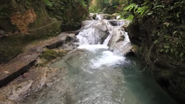 Una vista en cámara lenta mirando hacia el río de cascadas y piscinas naturales tropicales en la hermosa atracción turística Cool Blue Hole en Ocho Ríos Jamaica con exuberante vegetación que bordea el río — Vídeo de stock