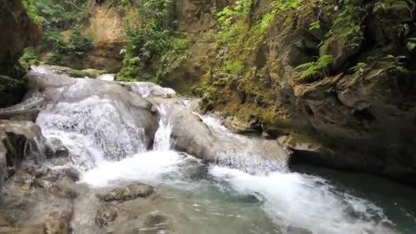 A spectacular view walking up the river with close seup views of cascading waterfalls and tropical natural pools at the beautiful Cool Blue Hole a popular travel destination in Ocho Rios Jamaica . — стоковое видео