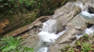 Muhteşem bir görünüm nehir astar lı yemyeşil bitki örtüsü ile Ocho Rios Jamaika güzel Cool Blue Hole turistik basamaklı şelaleler ve tropikal doğal havuzları nehir arıyor