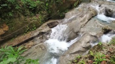 Ocho Rios Jamaika'da güzel Cool Blue Hole turistik nehir astar lı basamaklı şelaleler ve tropikal doğal havuzları nehir bakarak bir yavaş hareket görünümü