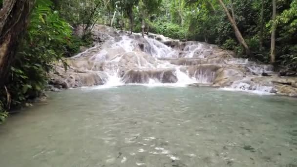 A beautiful low vantage point view of the cascading waterfalls at Dunn 's river falls with lush vegetation with water splashing in Ocho Rios on tropical island of Jamaica a popular travel destination . — стоковое видео