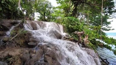 Jamaika tropik adada Su Ocho Rios denize boşaltır gibi yemyeşil bitki örtüsü ile Little Dunn nehri de basamaklı şelale yavaş hareket görünümü popüler bir seyahat hedef.