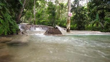 Jamaika popüler bir seyahat hedef tropikal adada Ocho Rios Dunn's River Falls acele su ve basamaklı şelale rapids düşük bir bakış açısı.