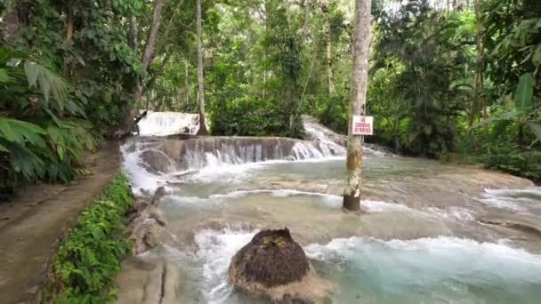 Krásný panoramatický výhled na vodopády a peřeje v Dunnské řece padá se svěží vegetací v Ocho Riosu na tropickém ostrově Jamajky, oblíbený cestovní cíl. — Stock video