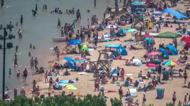 Chicago July 4Th 2019 Crowds Pack Sand Sunbathe Play Volleyball — Stock Video