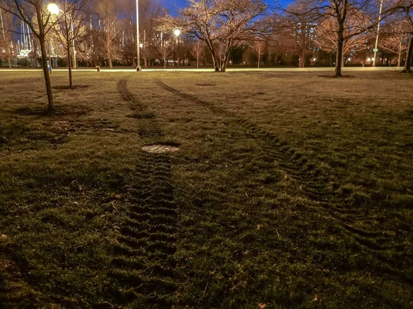 Close Perspective View Indented Muddy Tire Tracks Grass Night Run — Stock Photo, Image