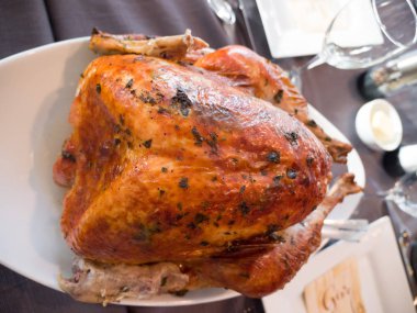 Büyük ev yapımı mouthwatering fırın bir yakın makaralı tüm hindi kadar beyaz bir servis tabağına yerleştirilen meme tarafı ile baharat ovmak ile bütün hindi kavrulmuş ve aile ile Şükran yemeği kutlaması için masa kurmak