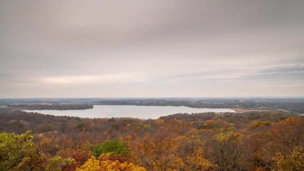 Vertikal Schwenkbare Luftaufnahme Des Hechtsees Herbst Mit Herbstfärbung Orange Gelb — Stockvideo