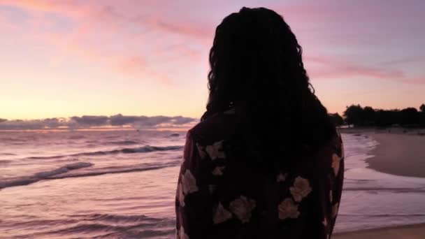 Panorama portátil alrededor de una hermosa mujer de raza mixta afroamericana mientras se sienta en el borde de un lago viendo el cielo volverse rosa, púrpura, naranja y azul al amanecer . — Vídeos de Stock