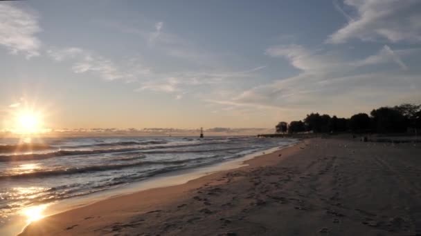 Hermoso amanecer panorámica con el sol que viene sobre el horizonte sobre el lago Michigan y reflexionar sobre las olas y la arena mojada a lo largo de una playa como una gaviota persigue a un insecto para el almuerzo . — Vídeos de Stock