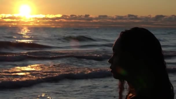 Panning widok z boku profil portret pięknej Afroamerykanki mieszane rasy kobieta w kierunku jasnego żółtego słońca, jak odbija się od fal toczenia na jeziorze Michigan o wschodzie słońca z rozbłyskiem soczewki. — Wideo stockowe
