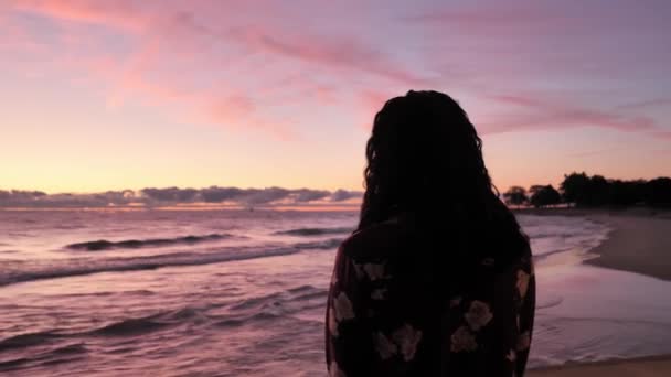 Panorámica o dando vueltas alrededor de una hermosa mujer afroamericana sentada en una cornisa viendo el colorido rosa y azul amanecer sobre el lago mientras las olas se estrellan a lo largo de la costa . — Vídeos de Stock