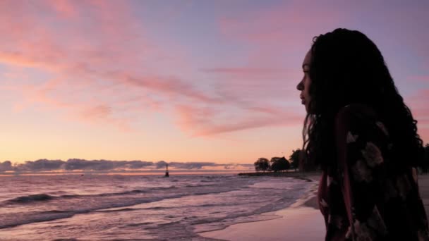 Close Side Profile Beautiful African American Woman Sitting Lake Michigan — Stok Video