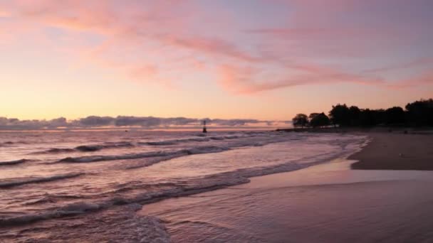 Clip de cámara lenta del lago Michigan olas rodando en la arena en una playa con rosa azul y púrpura cielo amanecer reflejándose en el agua con nubes y árboles en el horizonte más allá . — Vídeo de stock