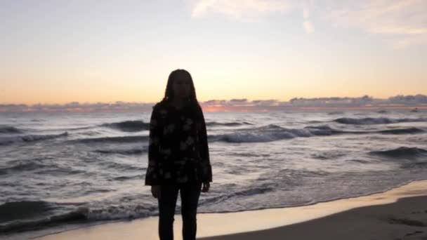 Caminando hacia y acercándose en la cara de una hermosa mujer afroamericana de pie en el borde de la costa del lago Michigan como las olas se estrellan detrás de ella y el sol comienza a mirar por encima del horizonte más allá . — Vídeos de Stock