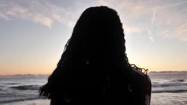 Disparo de cámara lenta de mano rodeando la cabeza de una joven afroamericana de raza mixta tranquila mientras está parada en una playa de arena mientras las olas rodan hacia la costa detrás de ella al amanecer. . — Vídeos de Stock