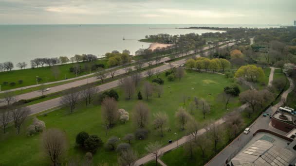 Timelapse aerial view of people getting out and enjoying a warm day by walking, lounging and picnicking amidst the COVID-19 coronavirus pandemic stay at home orders. — Stock Video