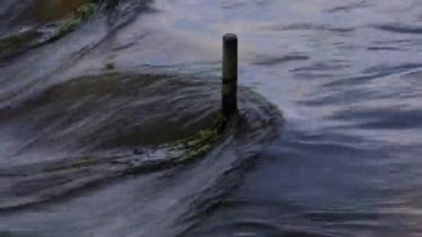 Wisconsin 'deki Fox River' daki Case Eagle Park barajında üzerinde yosun olan ve sudan süzülen çelik bir çubuğun etrafında akan suyun yakınında..