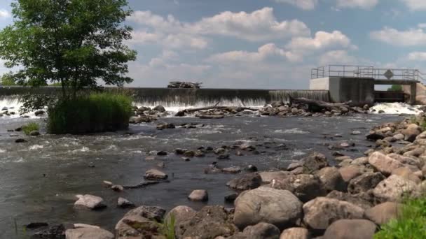 Eau Coule Cascade Sur Barrage Béton Courant Descend Rapidement Rivière — Video