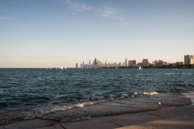 Yelkenliler ve botlar Michigan Gölü 'nde yüzerler. Muhteşem Chicago gökdeleninin önünde. Güneşli bir yaz gününde önemli ve tarihi binalar ve mimariyle birlikte..