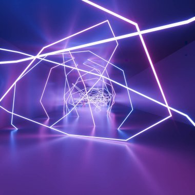 ultraviyole neon kare çizgiler, parlayan çizgiler, tünel, koridor, sanal gerçeklik, soyut moda arkaplan, mor neon ışıklar, kemer, pembe mavi renkli renkler, lazer gösterimi