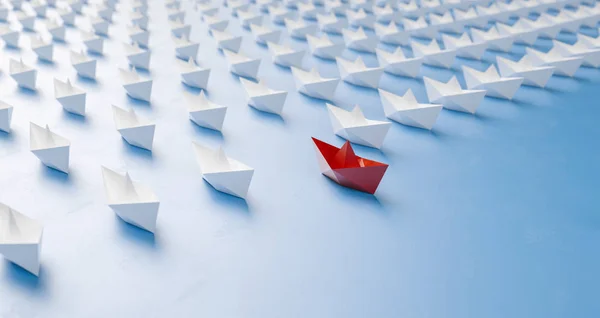 Leadership Concept Red Leader Paper Boat Leading Whites — Stock Photo, Image