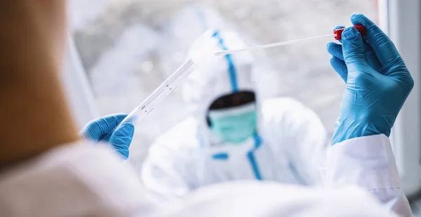 Medical Professional Protective Clothing Takes Covid Swab Test Tube Kit — Stock Photo, Image