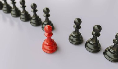 Leadership concept, red pawn of chess, standing out from the crowd of blacks pawn