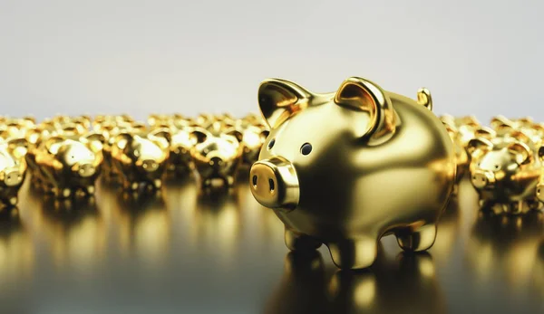 Big Golden Piggy Bank Front Small Golden Piggy Banks Investment — Stock Photo, Image