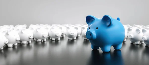Big Blue Piggy Bank Small White Piggy Banks Table Banner — Stock Photo, Image