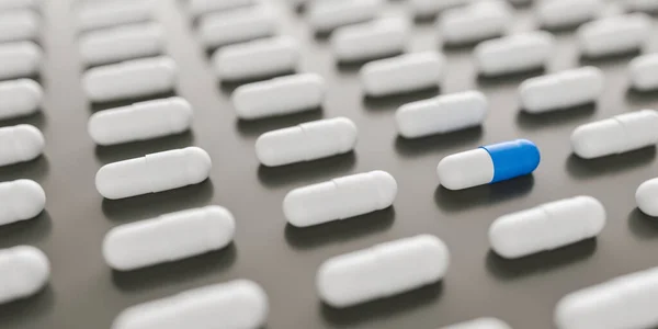 Niebiesko Białe Tabletki Lub Kapsułki Leży Dwóch Rzędach Motyw Apteki — Zdjęcie stockowe