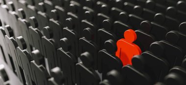 one red standing men among large crowd black people. Leader Concept iamge. 3d illustration, 3d rendering.