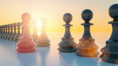 Leadership concept, red pawn of chess, standing out from the crowd with sunflare