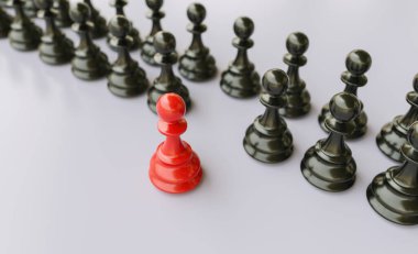 Liderlik kavramı, kırmızı piyon satranç, siyahlar kalabalıktan dışarı ayakta 
