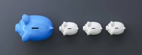 Blue Piggy Bank Row Leader Investment Development Concept — Stockfoto