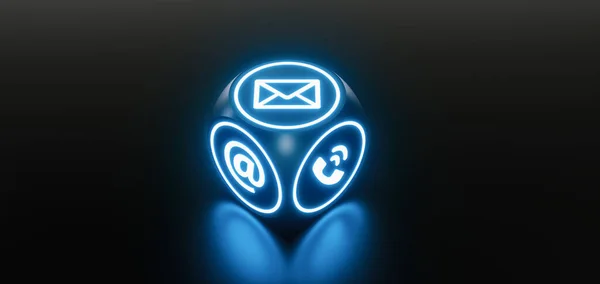 Blue Neon Light Cube Many Contact Options Communication Support Hotline — Stock Photo, Image