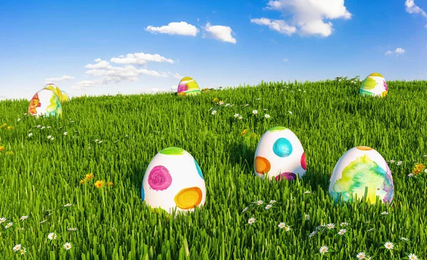 Many Colorful Easter Eggs Grass Meadow Easter — Stockfoto